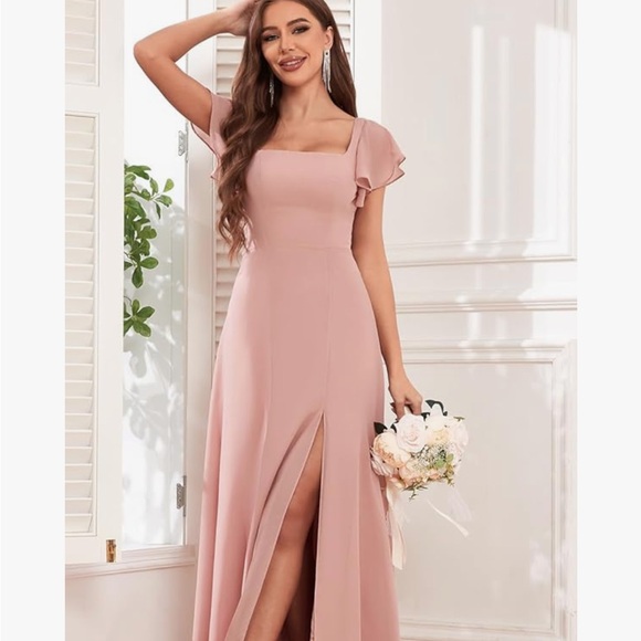 Bridesmaid Dress with Sleeves Chiffon A Line Long Formal Dresses with Slit - Picture 3 of 7
